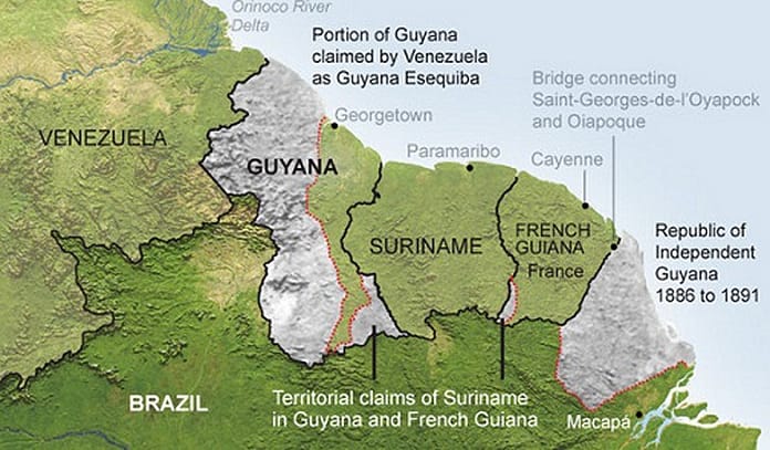 Map depicting portions of Guyana's territory claimed by both Venezuela and Suriname